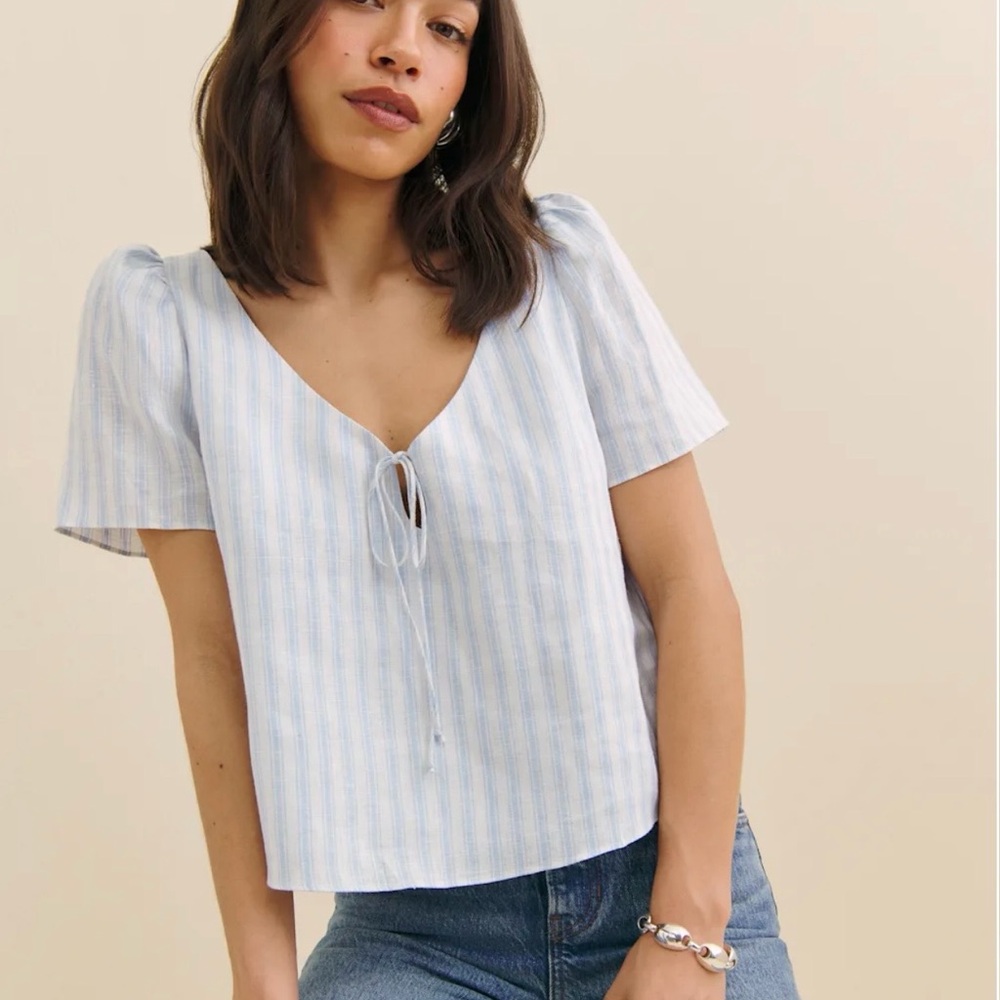 Reformation Light Blue Striped Blouse
